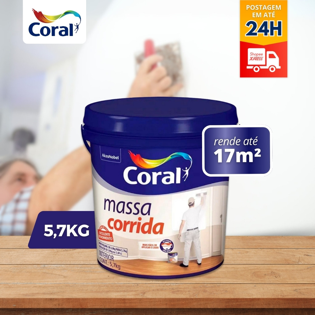 Massa Corrida Pva 6kg (5,7KG) Facil De Lixar E Aplicar Galão - Coral em Oferta na Shopee