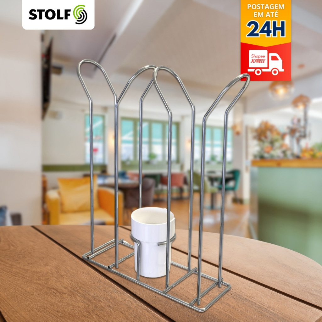 Suporte Para Copos Descartáveis 80/200ml com Porta Colherzinha Aço Cromado
