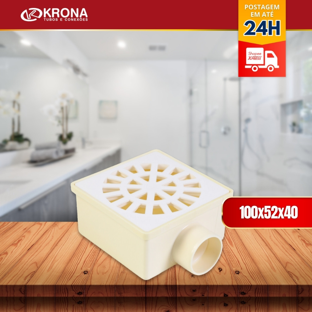 Ralo Quadrado Sifonado 100x52x40 Branco Para Banheiro Lavanderia KRONA