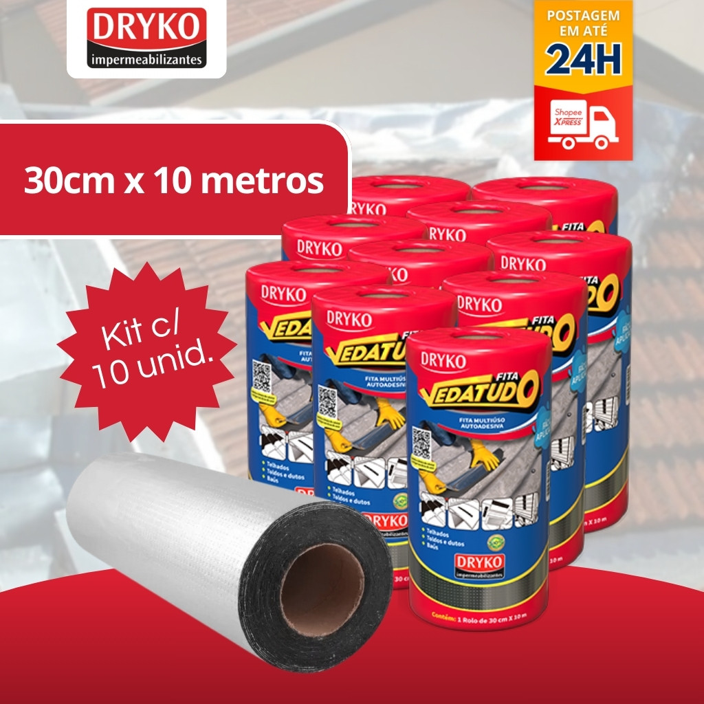 Manta Asfaltica Fita Vedatudo Autoadesiva Impermeabilizadora Aluminizada 30cm x 10m Kit 10