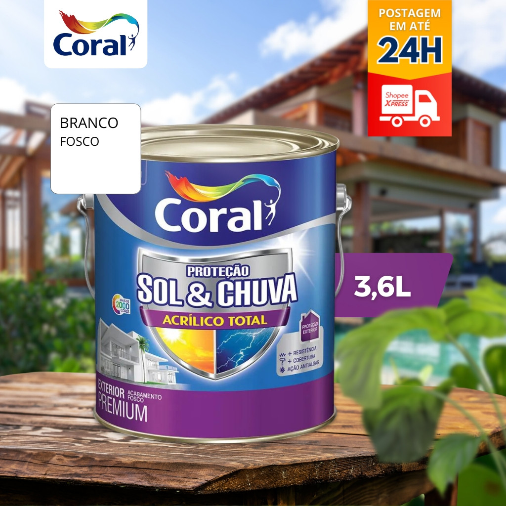 Tinta Acrílico Total Fosca Sol Chuva Branco Coral 3,6l em Oferta na Shopee