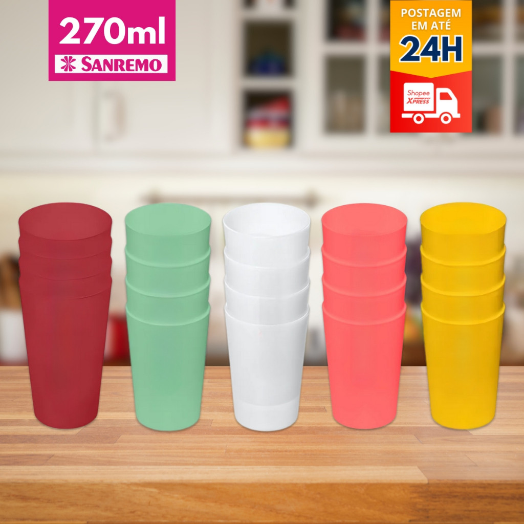 Kit c/ 4 Copos Plastico Resistente E Colorido 270ml Pode No Microondas