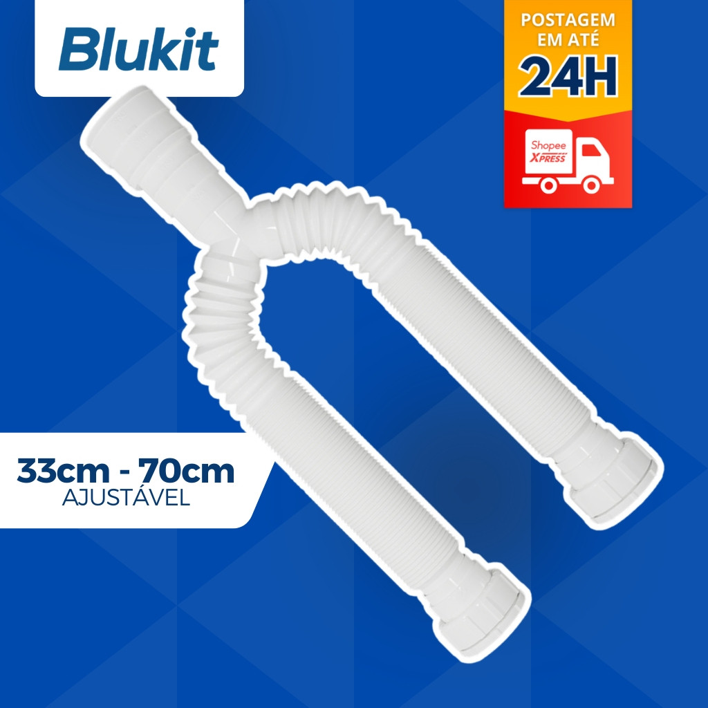 Sifão Sanfonado DUPLO Pia Flexível Extensível Universal Branco P/ Cuba Banheiro, Cozinha, Tanque