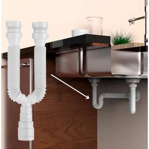 Sifão Sanfonado DUPLO Pia Flexível Extensível Universal Branco P/ Cuba Banheiro, Cozinha, Tanque · foto 2