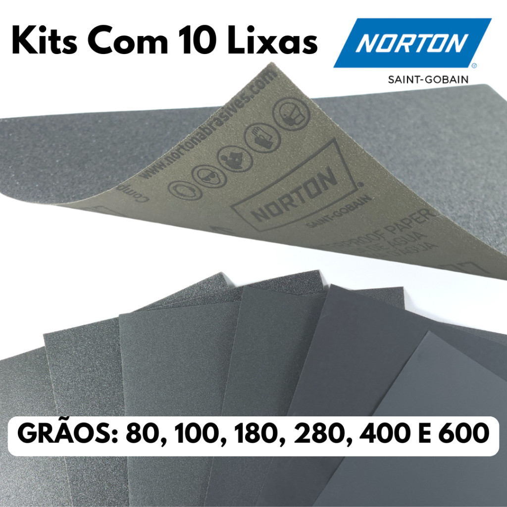 Kit 10 Folhas Lixa D'água Grãos Carbureto De Silício 60, 80, 100, 120, 180, 280, 400, 600 NORTON