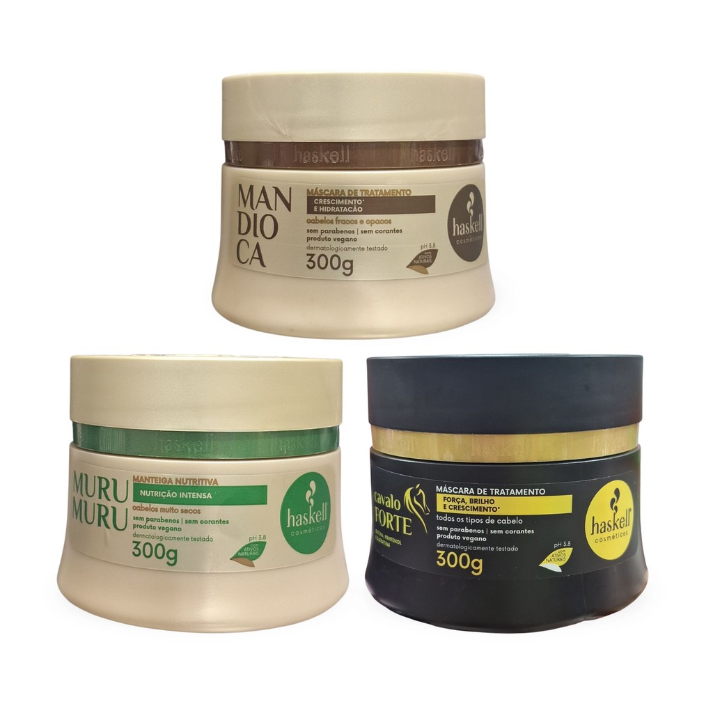 Máscara Hidratação Mandioca Haskell 300G, Reconstrução Cavalo Forte 300g, Manteiga Murumuru 300g