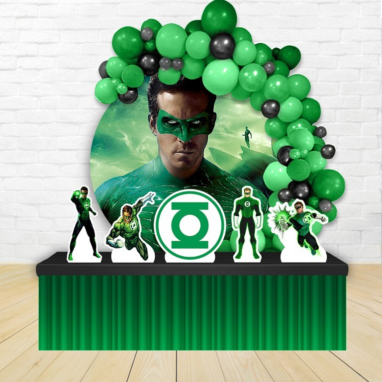 Kit Painel Redondo Circular Decoração Festa Infantil Sublimado Lanterna Verde 1,50x1,50 e displays
