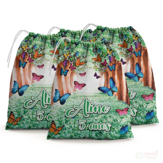 30 Sacolinhas Surpresa Personalizada Tecido Jardim das Borboletas Verde (15x20)
