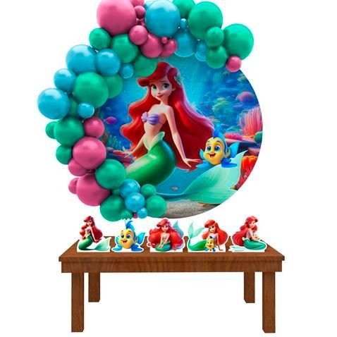 Painel Festa Decoração Redondo Sublimado Ariel Pequena Sereia  3D 1,50x1,50