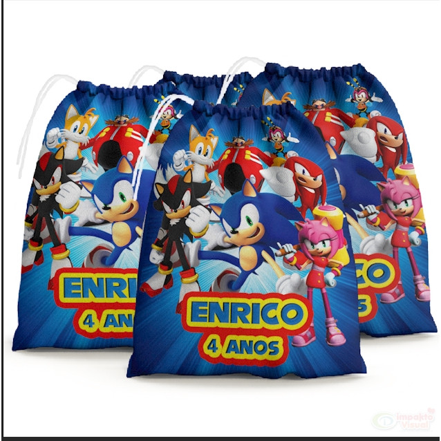 30 Sacolinhas Surpresa Personalizada Tecido Sonic Turma (15x20)