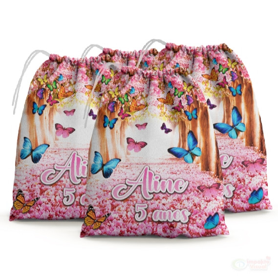 30 Sacolinhas Surpresa Personalizada Tecido Jardim Borboletas (15x20)