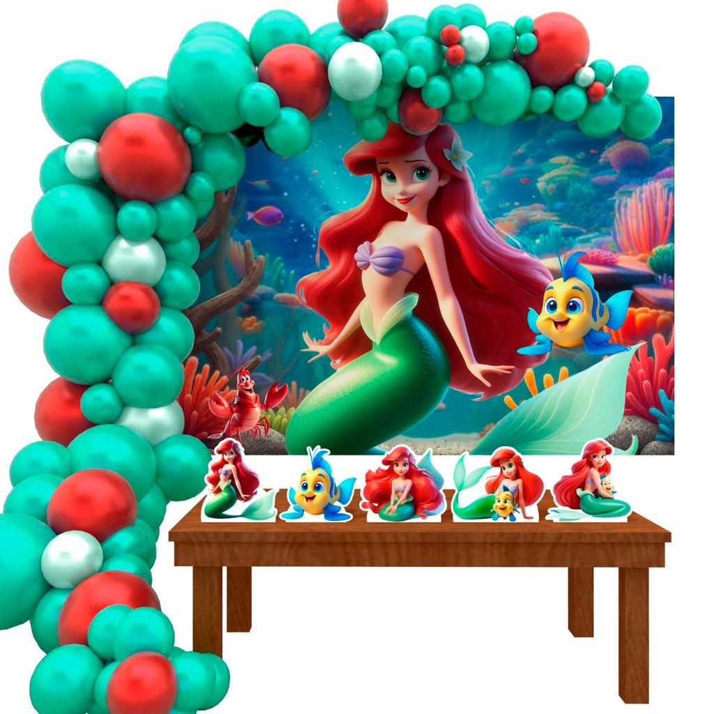 Kit Ouro Festa Aniversário Ariel Pequena Sereia  3D Desenho Decoração Cenários