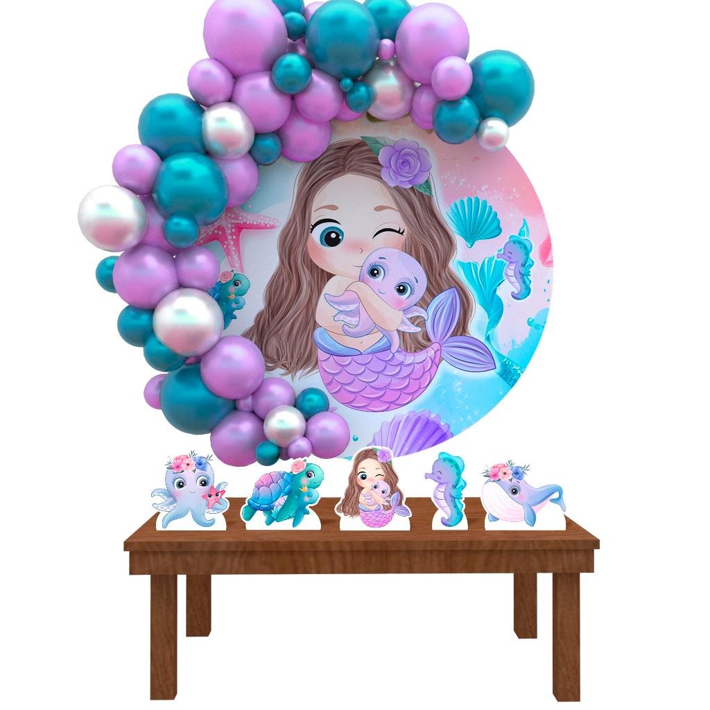 Kit Festa Painel Redondo Decoração Sereia Aquarela 2 1,50 Diâmetro