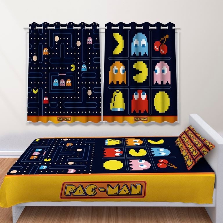 Kit Jogo de Quarto Infantil Cortina Jogo Lençol Cobre Leito PAC MAN Pac-Man