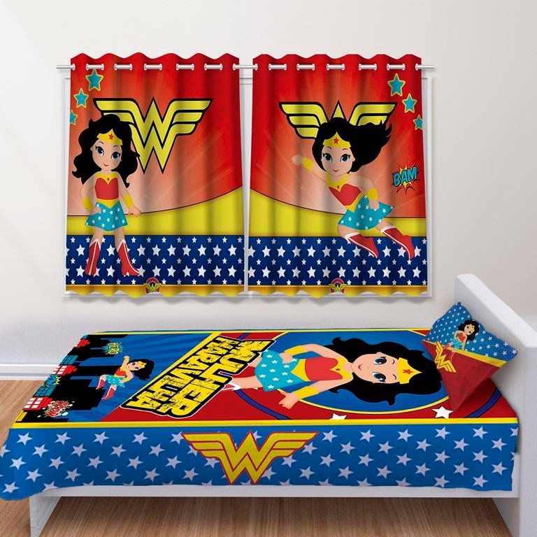 Kit Jogo de Quarto Infantil Cortina Jogo Lençol Cobre Leito Mulher Maravilha Cute