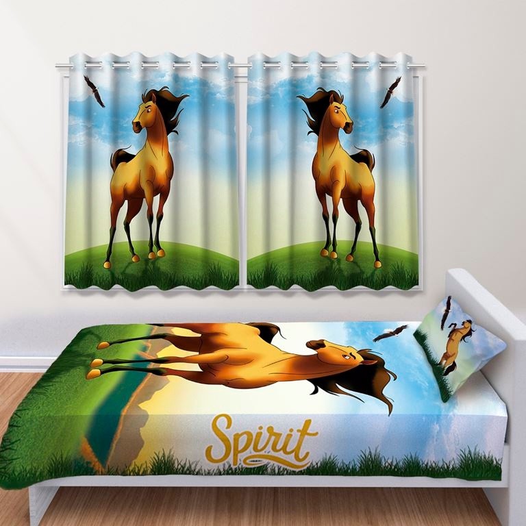 Kit Jogo de Quarto Infantil Cortina Jogo Lençol Cobre Leito Spirit cavalo