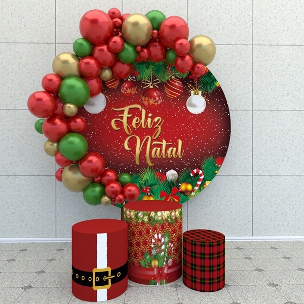 Kit Painel Redondo + Trio Capas Cilindro Veste Fácil com Elástico Feliz Natal