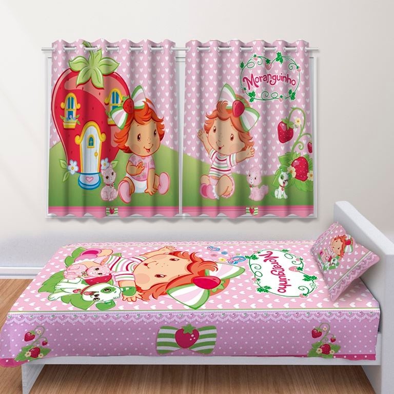 Kit Jogo de Quarto Infantil Cortina Jogo Lençol Cobre Leito Moranguinho Baby