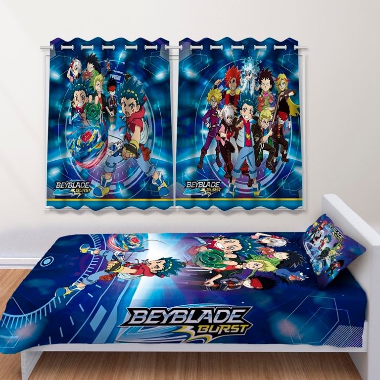 Kit Jogo de Quarto Infantil Cortina Jogo Lençol Cobre Leito Beyblade Burst
