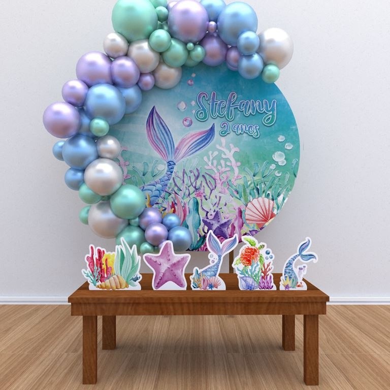 Kit Redondo Personalizado Painel display Festa Decoração Cauda sereia Aquarela 1,50 Diâmetro