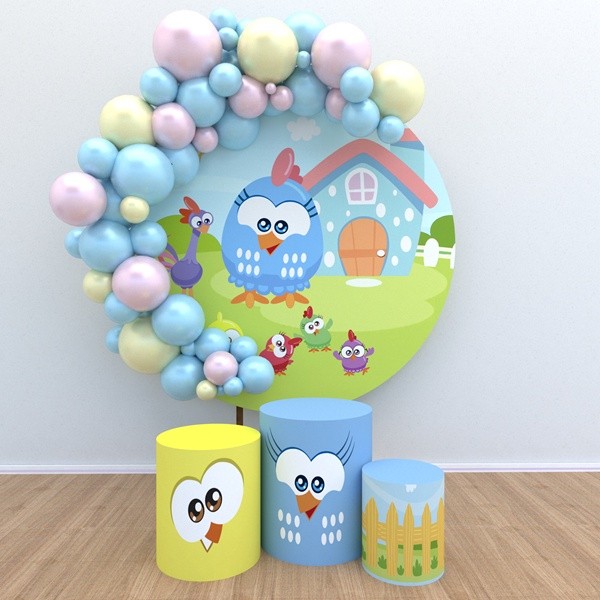 Kit Painel Redondo + Trio Capas Cilindro Veste Fácil com Elástico Galinha Pintadinha Cute Candy