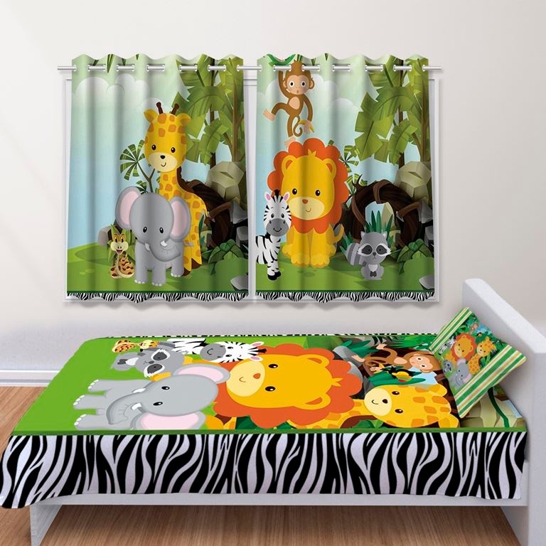 Kit Jogo de Quarto Infantil Cortina Jogo Lençol Cobre Leito Safari Cute