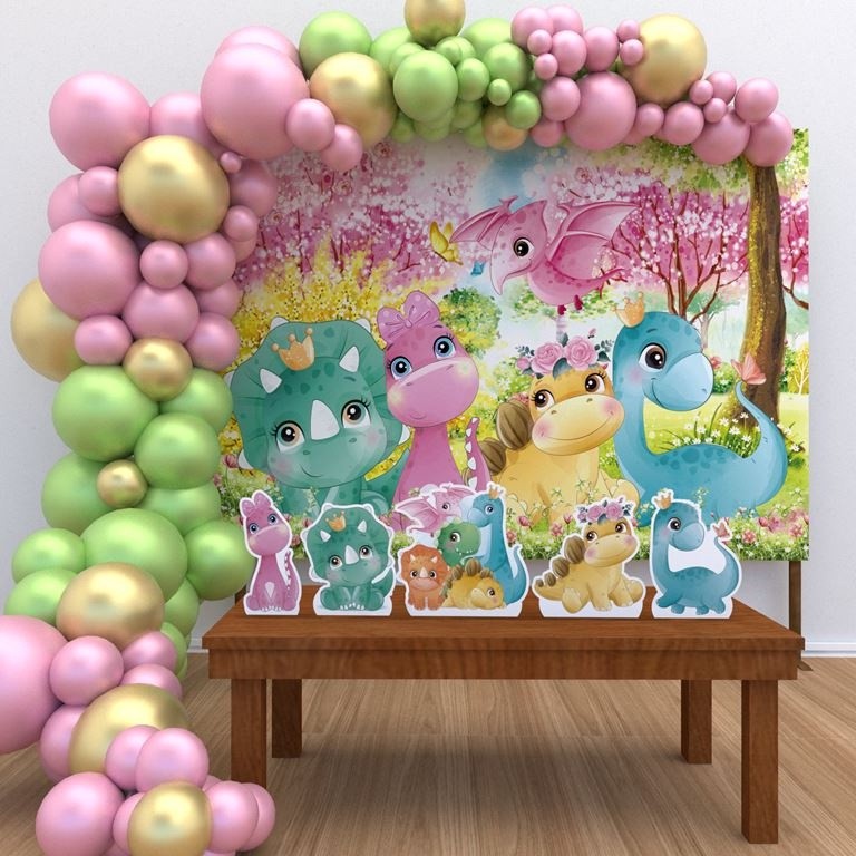 Kit Ouro Festa Aniversário Dinossauro Baby Rosa Aquarela Desenho Decoração Cenários em Oferta na Shopee