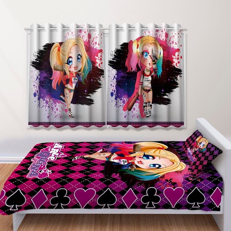 Kit Jogo de Quarto Infantil Cortina Jogo Lençol Cobre Leito Arlequina Desenho cute