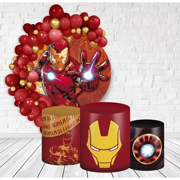 Kit Painel Redondo + Trio Capas Cilindro Veste Fácil com Elástico Homem de Ferro
