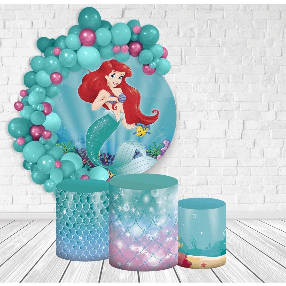 Kit Painel Redondo + Trio Capas Cilindro Veste Fácil com Elástico Ariel A Pequena Sereia