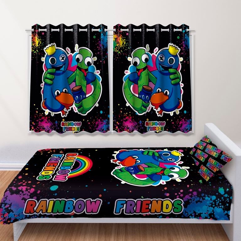 Kit Jogo de Quarto Infantil Cortina Jogo Lençol Cobre Leito Rainbow Friends