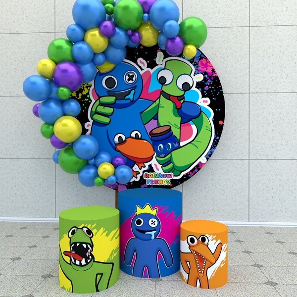 Kit Painel Redondo + Trio Capas Cilindro Veste Fácil com Elástico Rainbow Friends