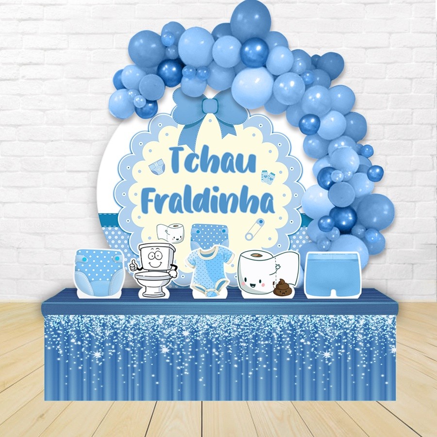 Kit Festa Painel Redondo Decoração Tchau Fraldinha Azul 1,50 Diâmetro