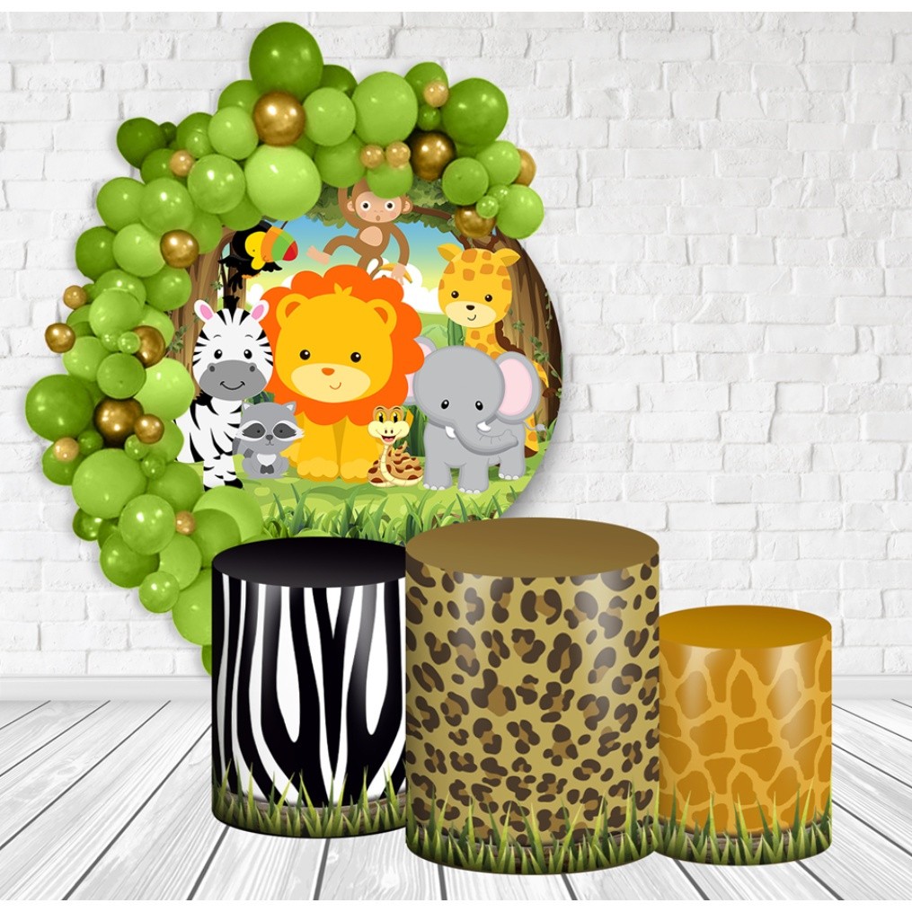 Kit Painel Redondo + Trio Capas Cilindro Veste Fácil com Elástico Safari Baby Cute