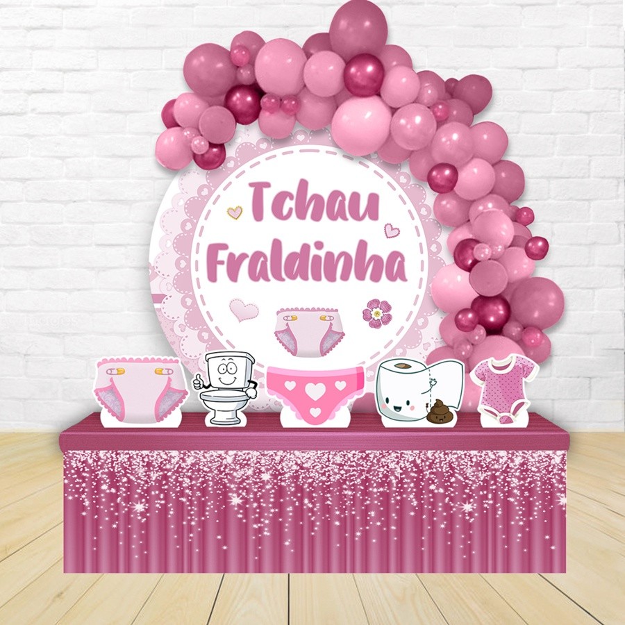 Kit Festa Painel Redondo Decoração Tchau Fraldinha Rosa 1,50 Diâmetro