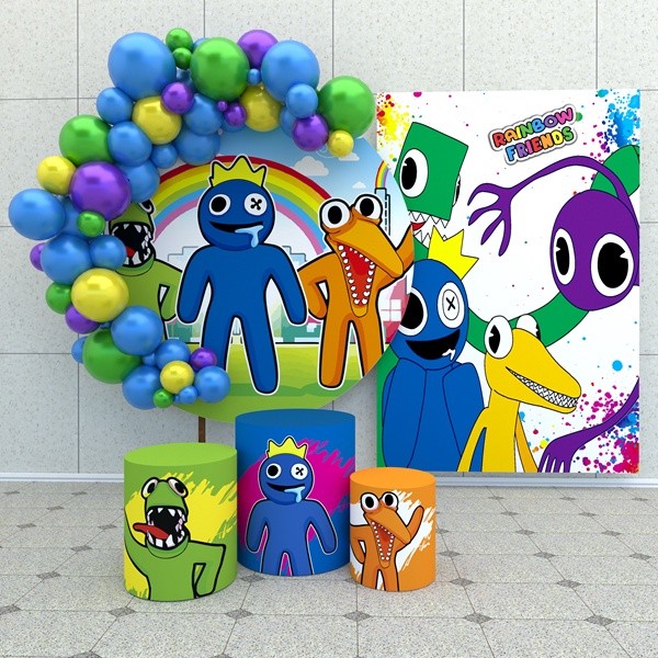 Kit Festa Aniversário Casado 2 Painéis E Capas Tecido Rainbow Friends