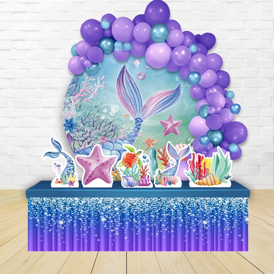 Kit Festa Painel Redondo Decoração Calda Cauda Sereia Aquarela 1,50 Diâmetro