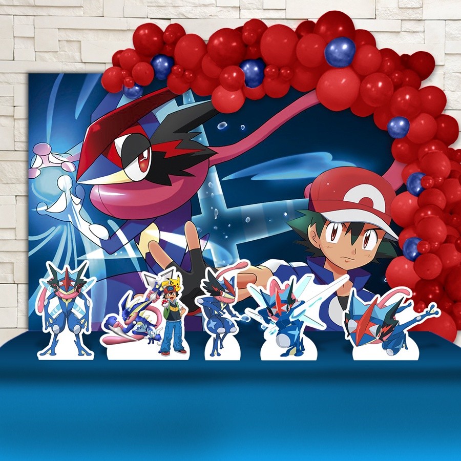 Kit Pegue e Monte Só um Bolinho Festa Aniversário Ash Greninja Pokémon Desenho Decoração Cenários Prático