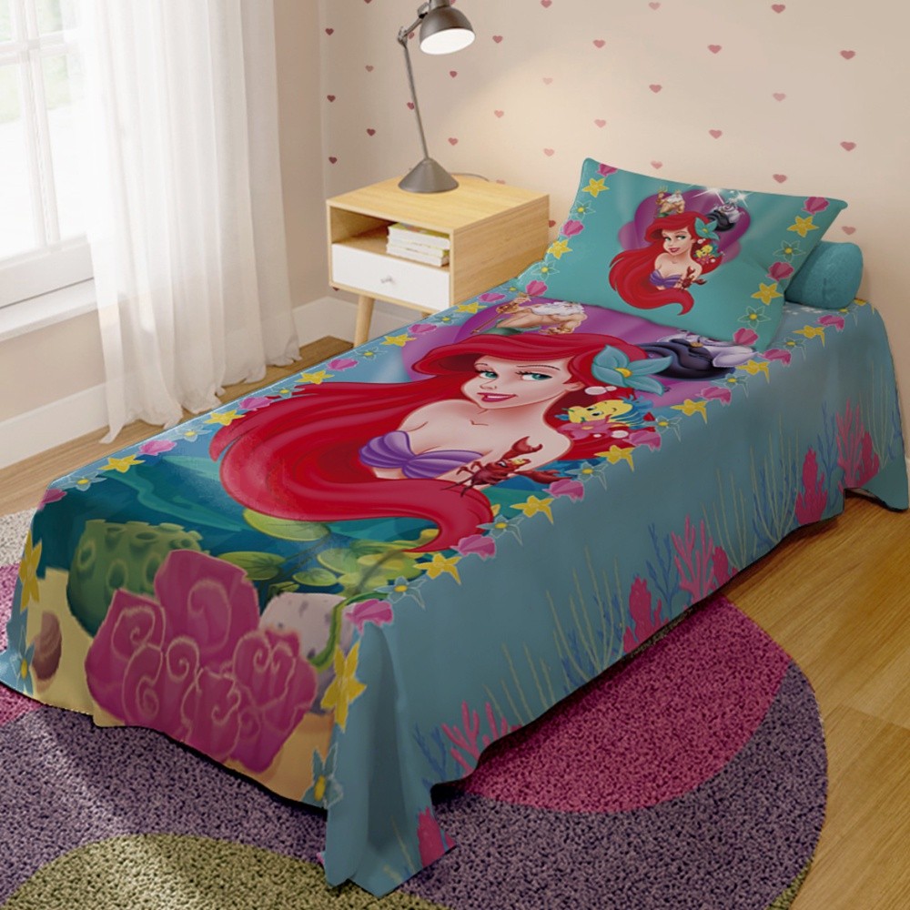 Jogo De Lençol Cobre Leito + Fronha Quarto Infantil Ariel Pequena Sereia em Oferta na Shopee