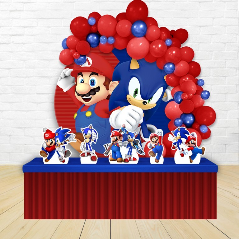 Kit Festa Painel Redondo Decoração Mario vs Sonic 1,50X150