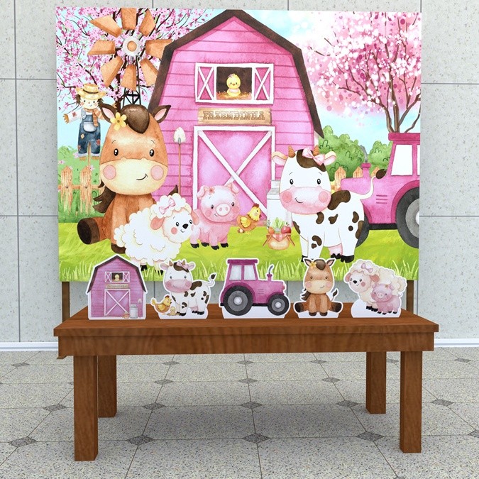 Festa Aniversário Fazendinha Rosa Aquarela  Decoração Cenários Kit Prata em Oferta na Shopee