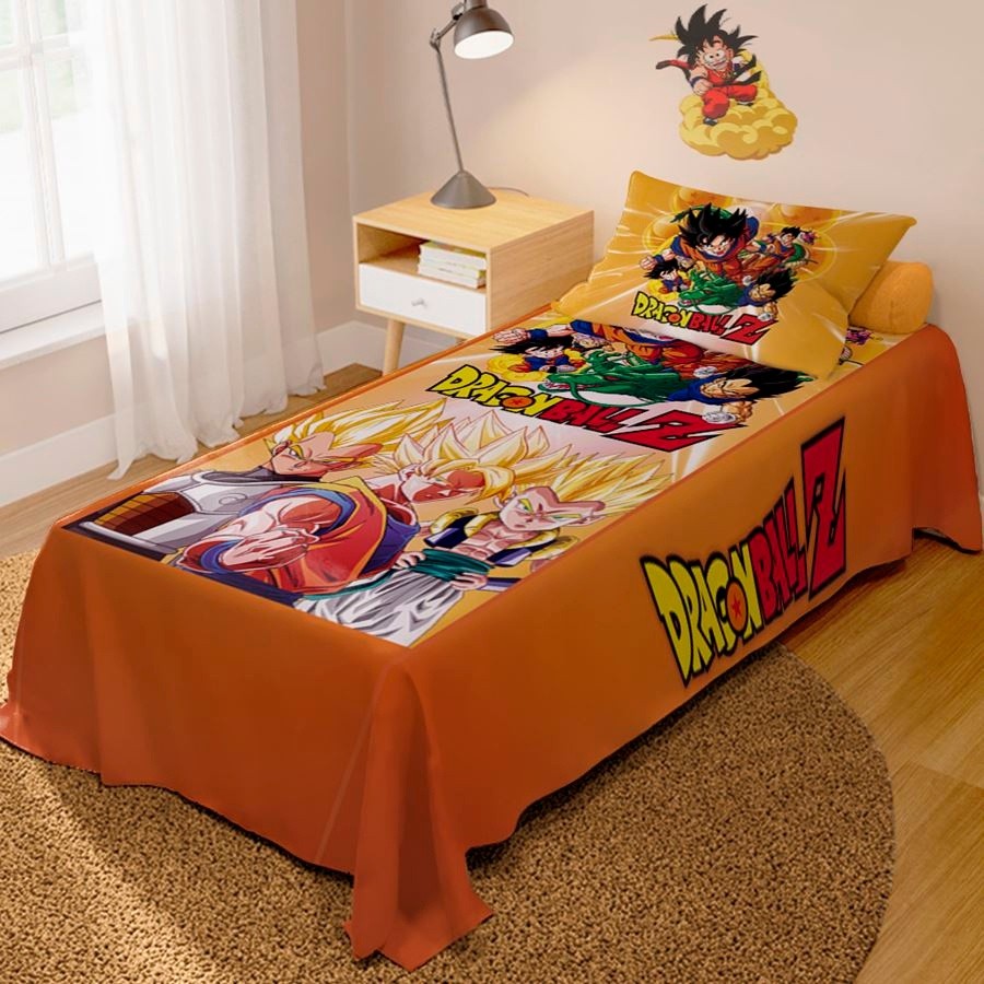 Jogo De Lençol Cobre Leito + Fronha Quarto Infantil Dragon Ball Z Goku