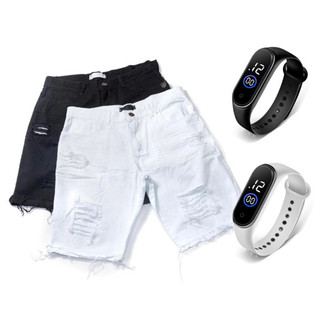 Bermuda Jeans Masculina Rasgada Preta ou Branca + Relogio Esportivo Masculino A Prova D'Água
