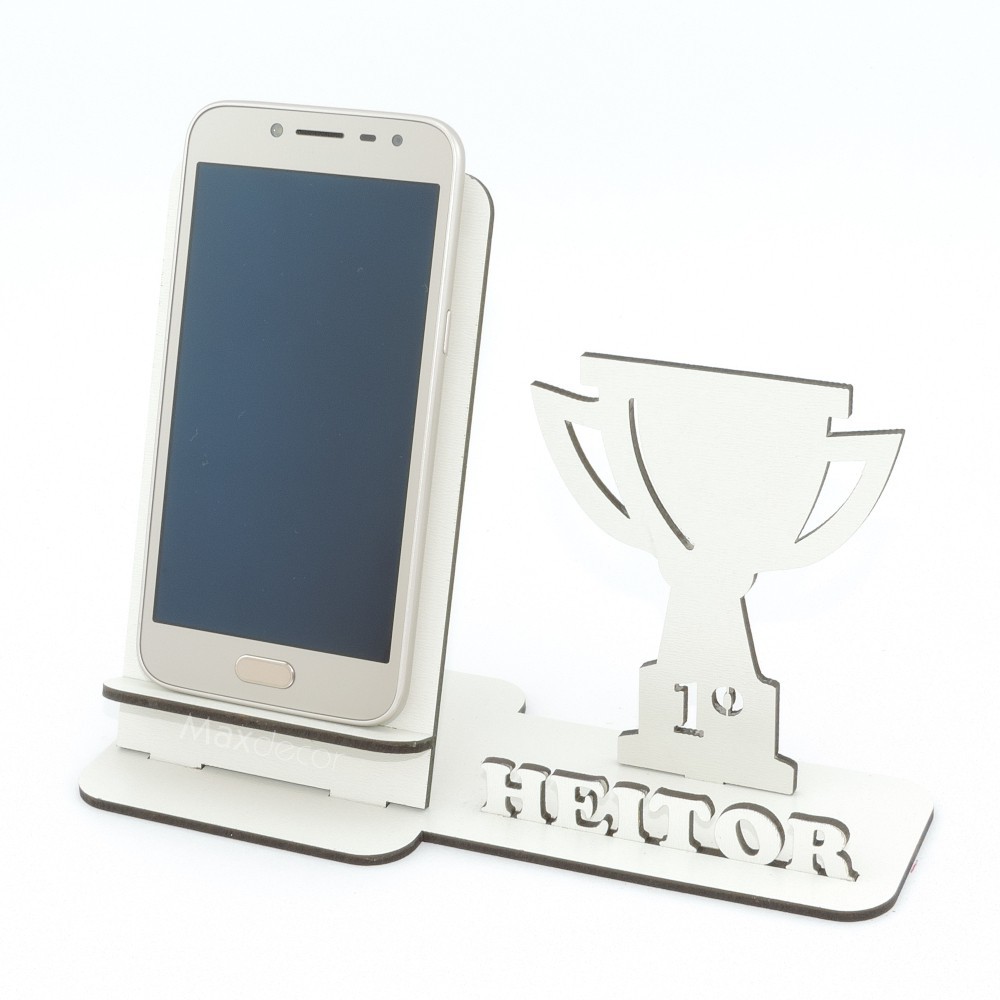 10 Suporte Celular Personalizado Mdf Branco Display Taça Futebol
