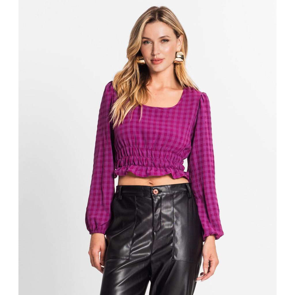 Blusa Manga Longa Feminina Xadrez Endless Roxo em Oferta na Shopee