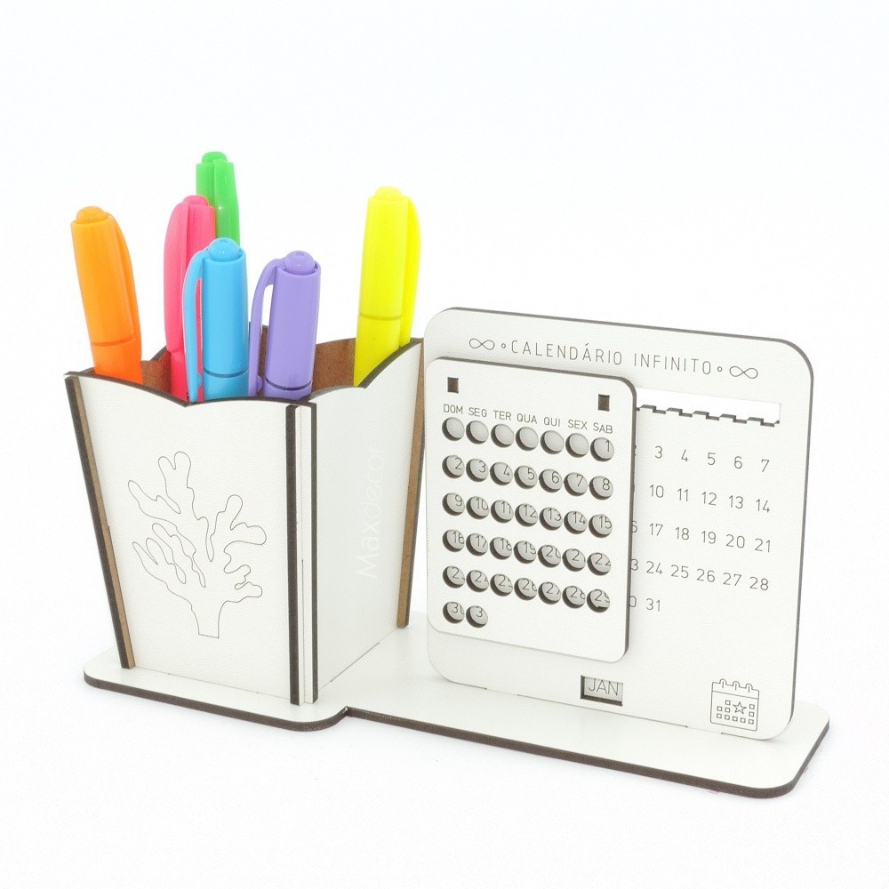 5 Calendário Infinito e Porta Canetas Personalizado Mdf Branco - Fundo do Mar