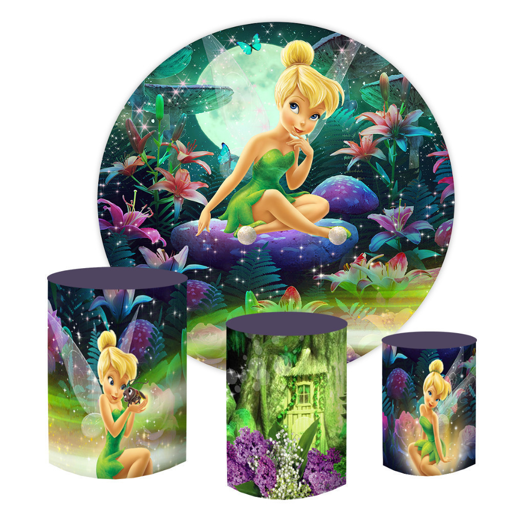 Painel Redondo 1,50 + Capas Cilindro Tecido Sublimado Tinker Bell Sininho