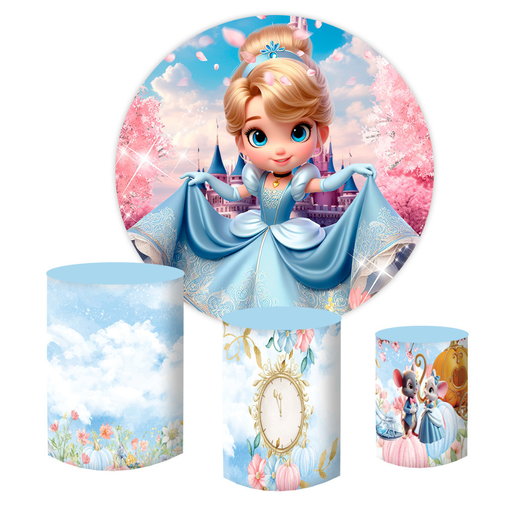 Kit Painel Redondo 1,50 + Capas Cilindro Tecido Sublimado Cinderella cute