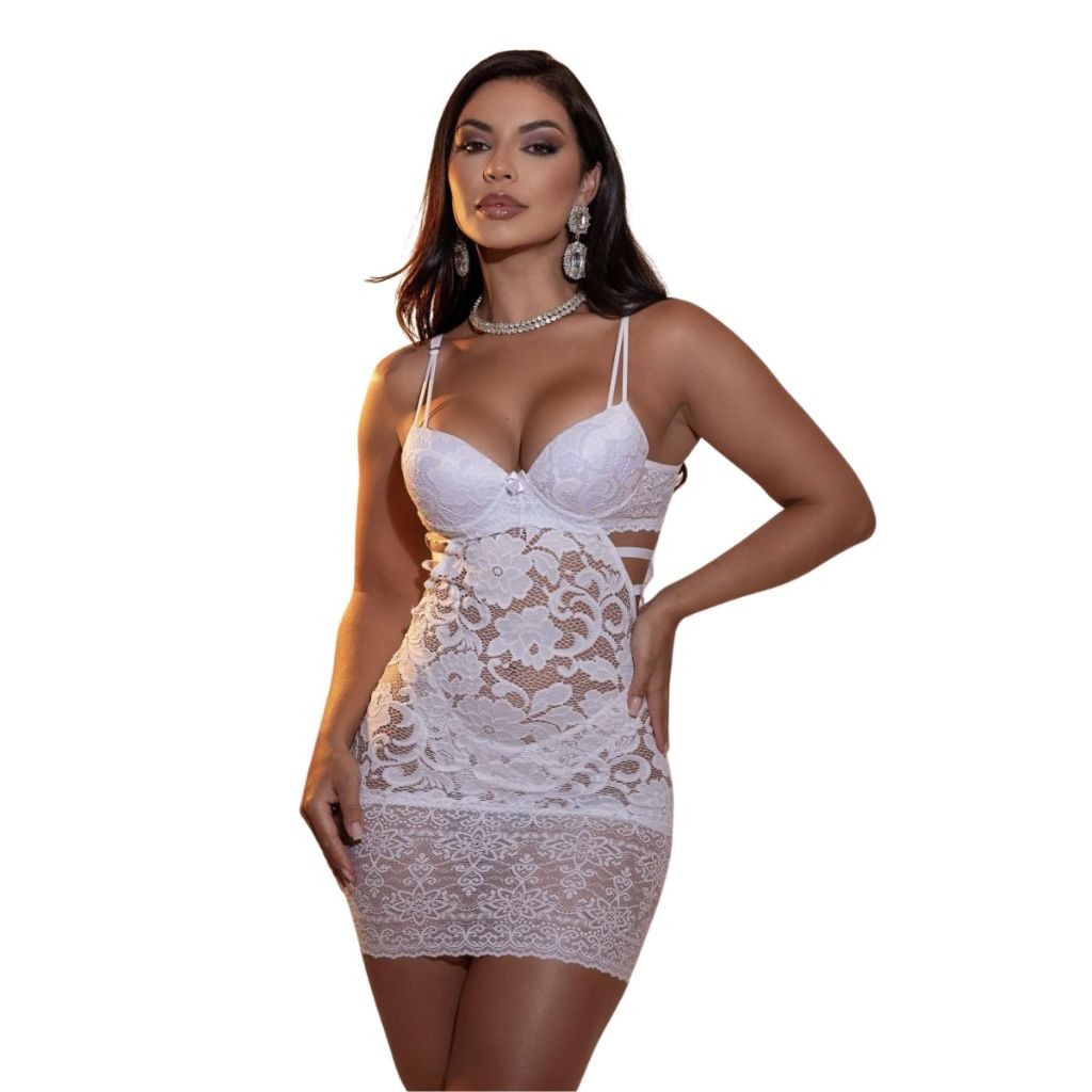 Camisola Curta Preta Renda Lingerie Transparente Bojo Vestido Calcinha Luxo Decote