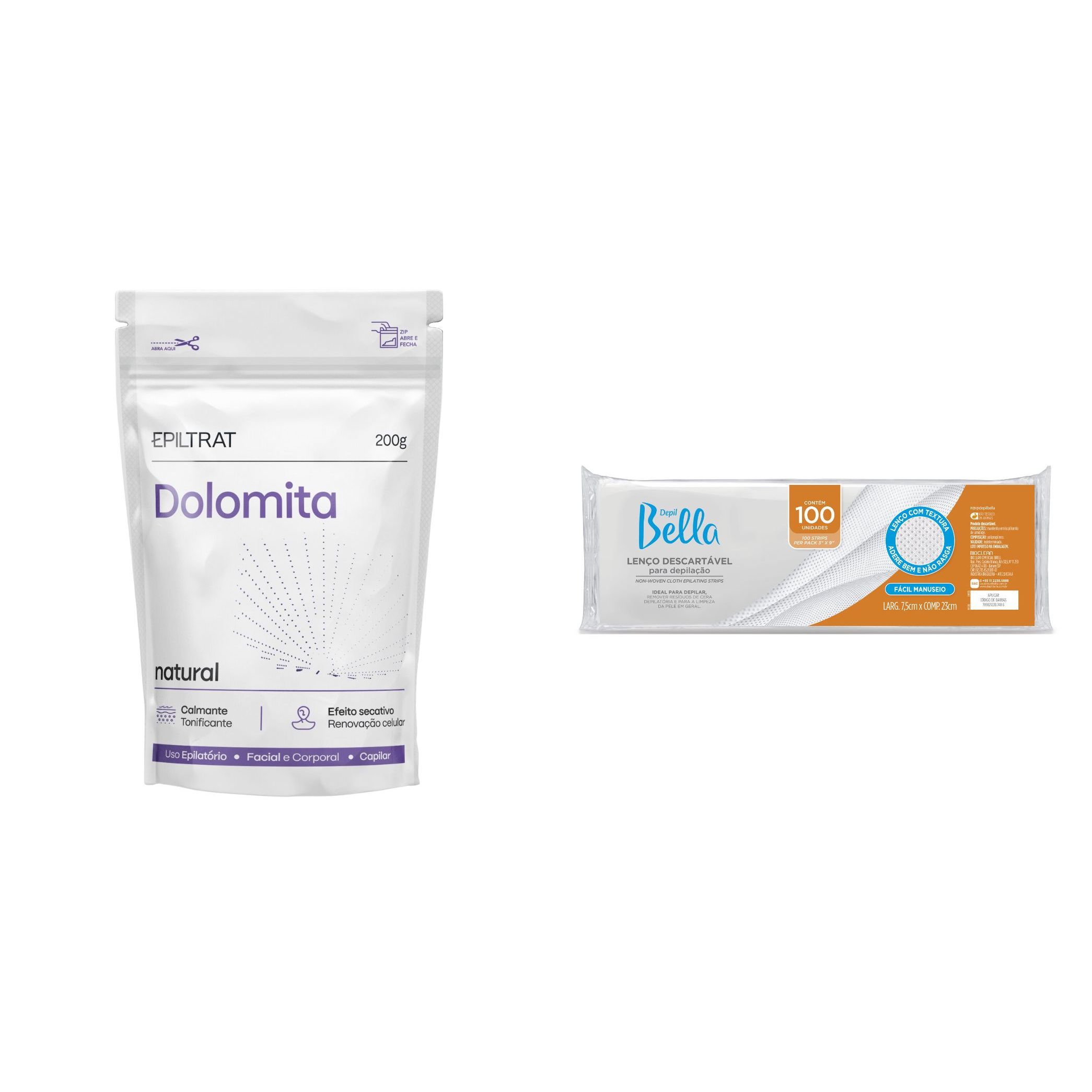 Kit Dolomita Corpo Rosto Natural e 100 Folhas Lenços Para Depilação